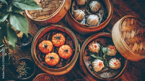 Overhead view of various dim sum in bamboo steamers ready to serve