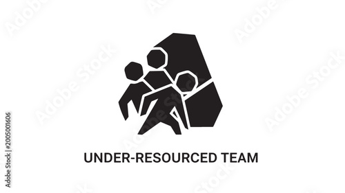Under-resourced team struggling with workload. Overwhelmed employees facing limited support and high demands.Flat vector icon of stressed team with heavy workload and scarce resources.