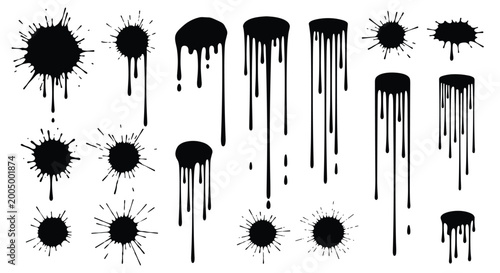 Comprehensive set of black ink splats blobs and dripping paint stains for artistic texture and graphic design elements.