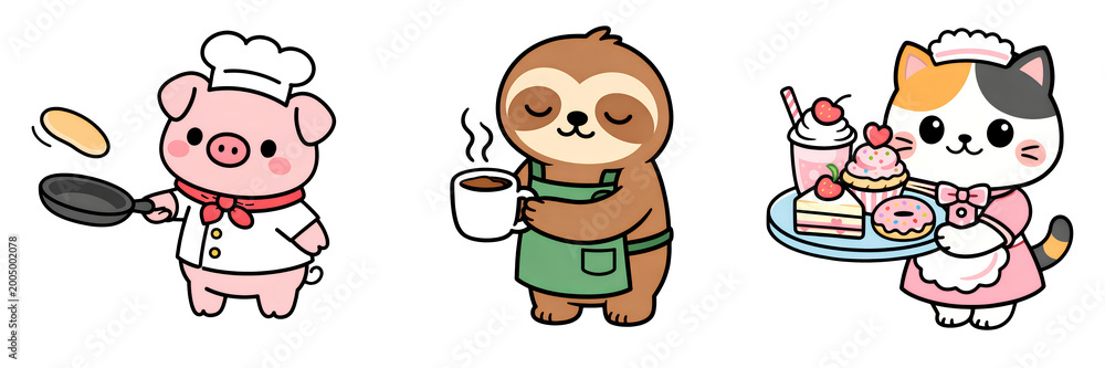 Obraz premium Culinary service cute cartoon animal chef barista waitress cute cartoon animal chef barista waitress serving coffee and dessert cafe kitchen with