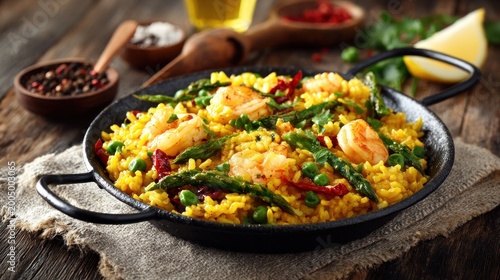 Delicious seafood paella dish with shrimp and vegetables on rustic table