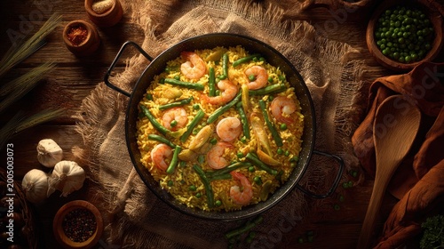 Delicious paella dish with shrimp and vegetables on a rustic wooden table