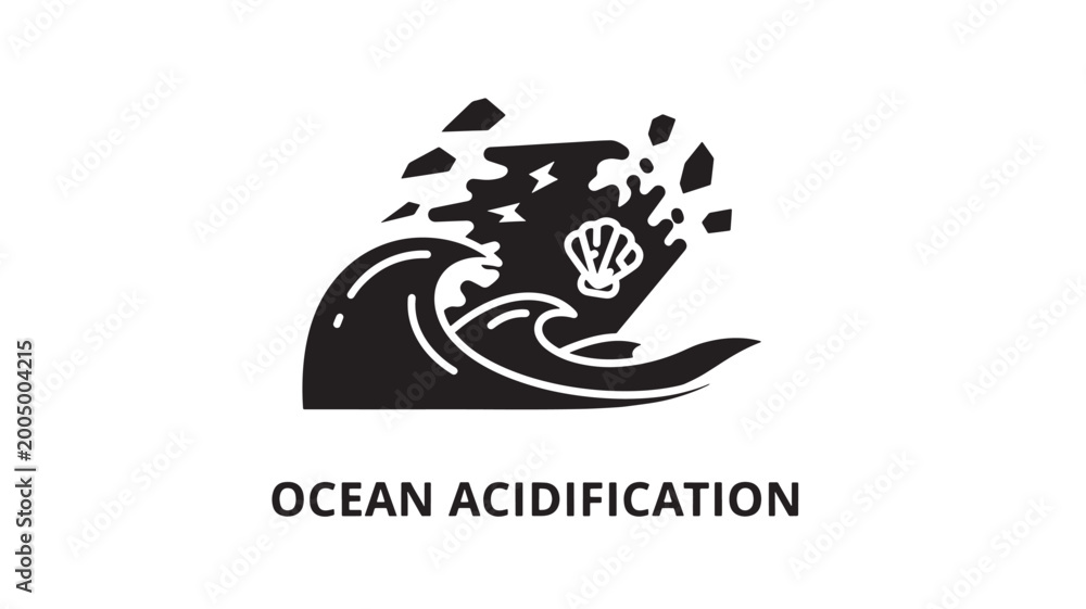 Fototapeta premium Black and white vector illustration showing a hand emerging from acidic ocean waves with dissolving coral and marine organisms.