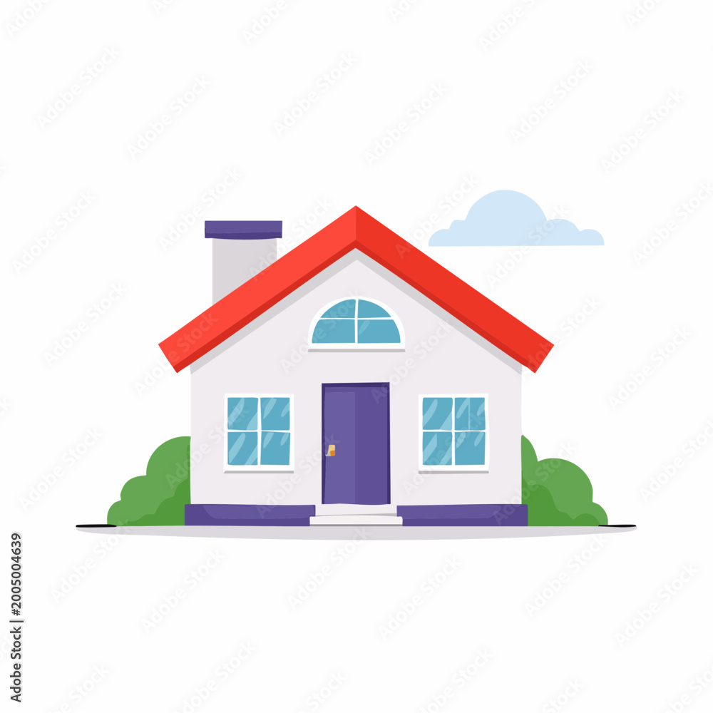 Fototapeta premium Simple Cartoon House with Red Roof and Green Bushes