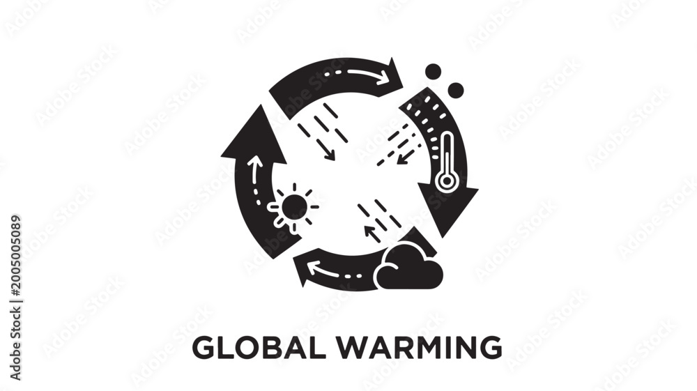 Obraz premium Flat design vector icon illustrating global warming with a circular arrow around earth, a thermometer, melting ice, and sun rays.