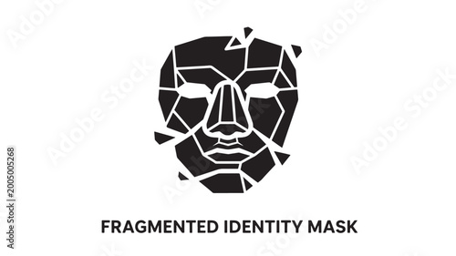 Minimalist black and white vector illustration of a stylized face composed of geometric shapes, representing fragmented identity.