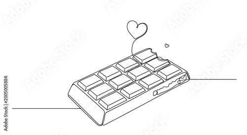 Schilderij op canvas Minimalist line art of a bitten chocolate bar with a heart symbol, representing love for sweets