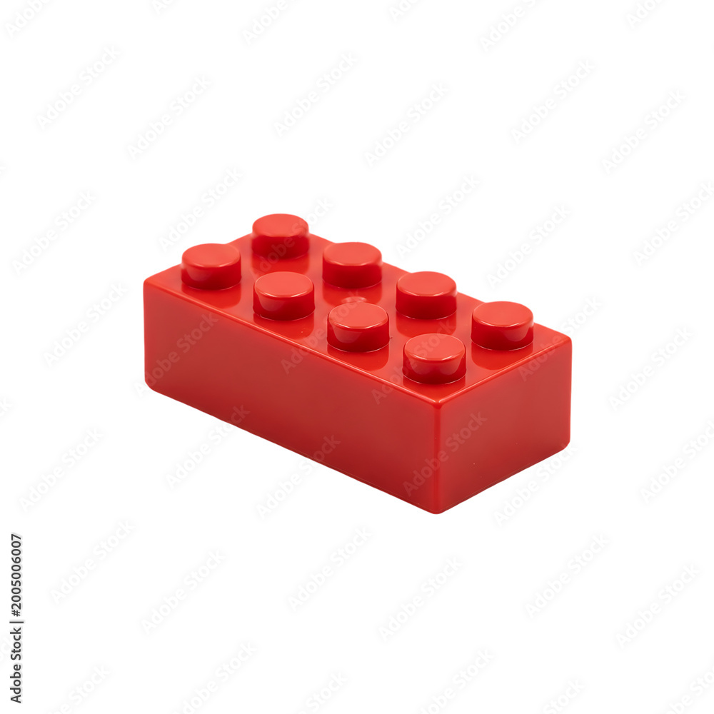 Fototapeta premium Single Red Plastic Building Block Toy Brick Isolated on White Background . Red Brick with Eight Studs on white .