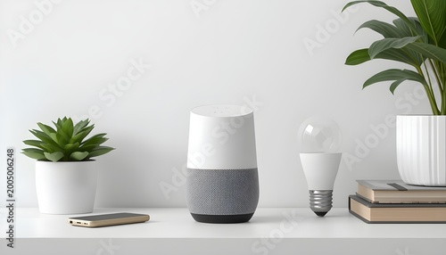 Minimalist setup with smartphone smart speaker light bulb books and succulent plant modern home workspace technology lifestyle photo