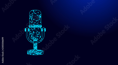 Striking vector illustration of a vintage-style microphone graphic, artfully composed from a complex network of glowing blue lines and interconnected dots.