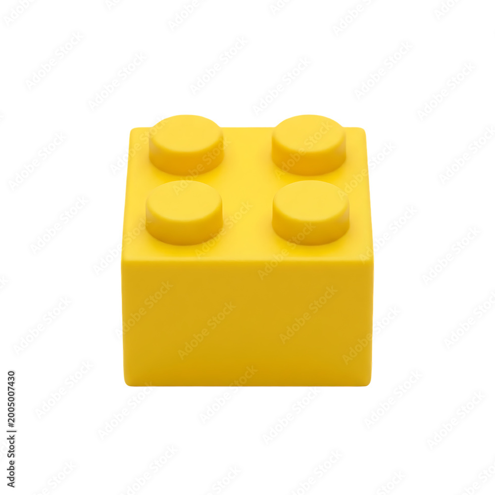 Fototapeta premium A High Quality Yellow Plastic Building Block Toy Brick Isolated on White Background. Yellow LEGO Brick with Eight Studs Illustration on white background