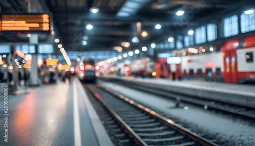Blurred view of a train station platform with trains at the station and illuminated signs overhead, conveying a sense of movement and travel