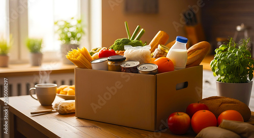 Cardboard box full of groceries and household staples on a wooden table