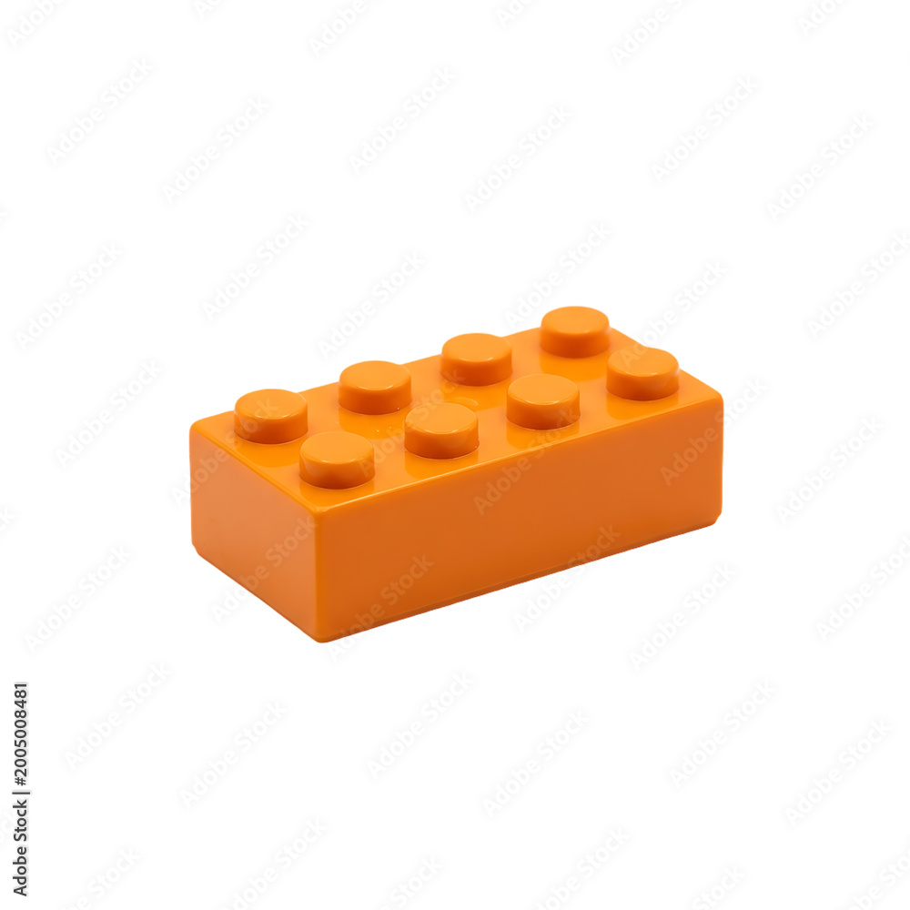 Fototapeta premium A high Quality Single Orange Plastic Building Block Toy Brick Isolated on White Background .Orange Brick with Eight Studs illustration on white .
