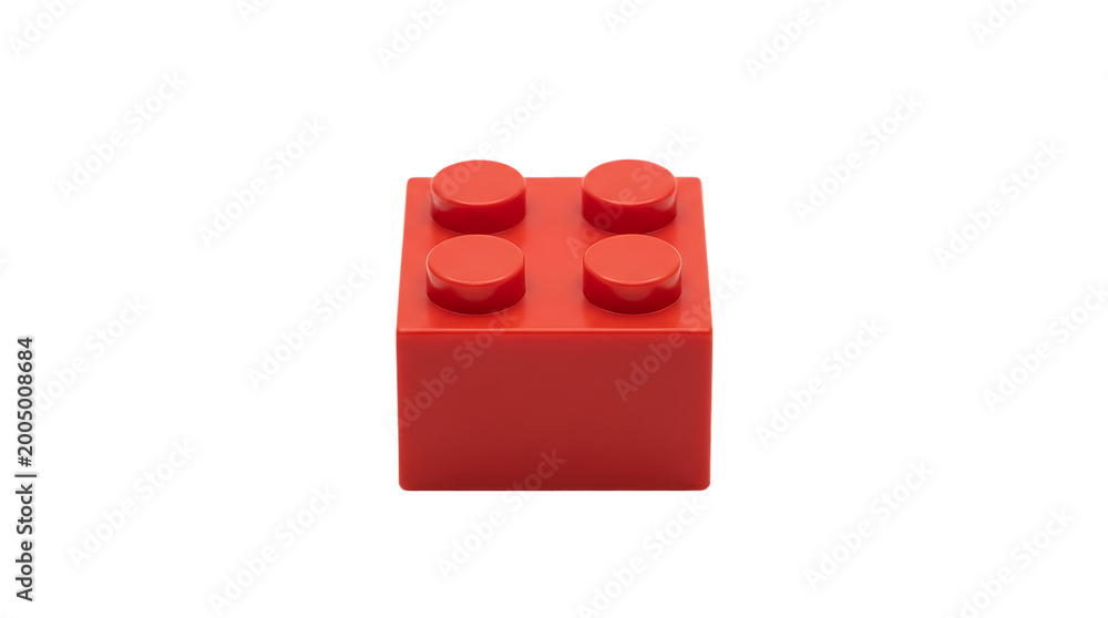 Fototapeta premium Single Red Plastic Building Block Toy Brick Isolated on White Background . Red Brick with Eight Studs on white .
