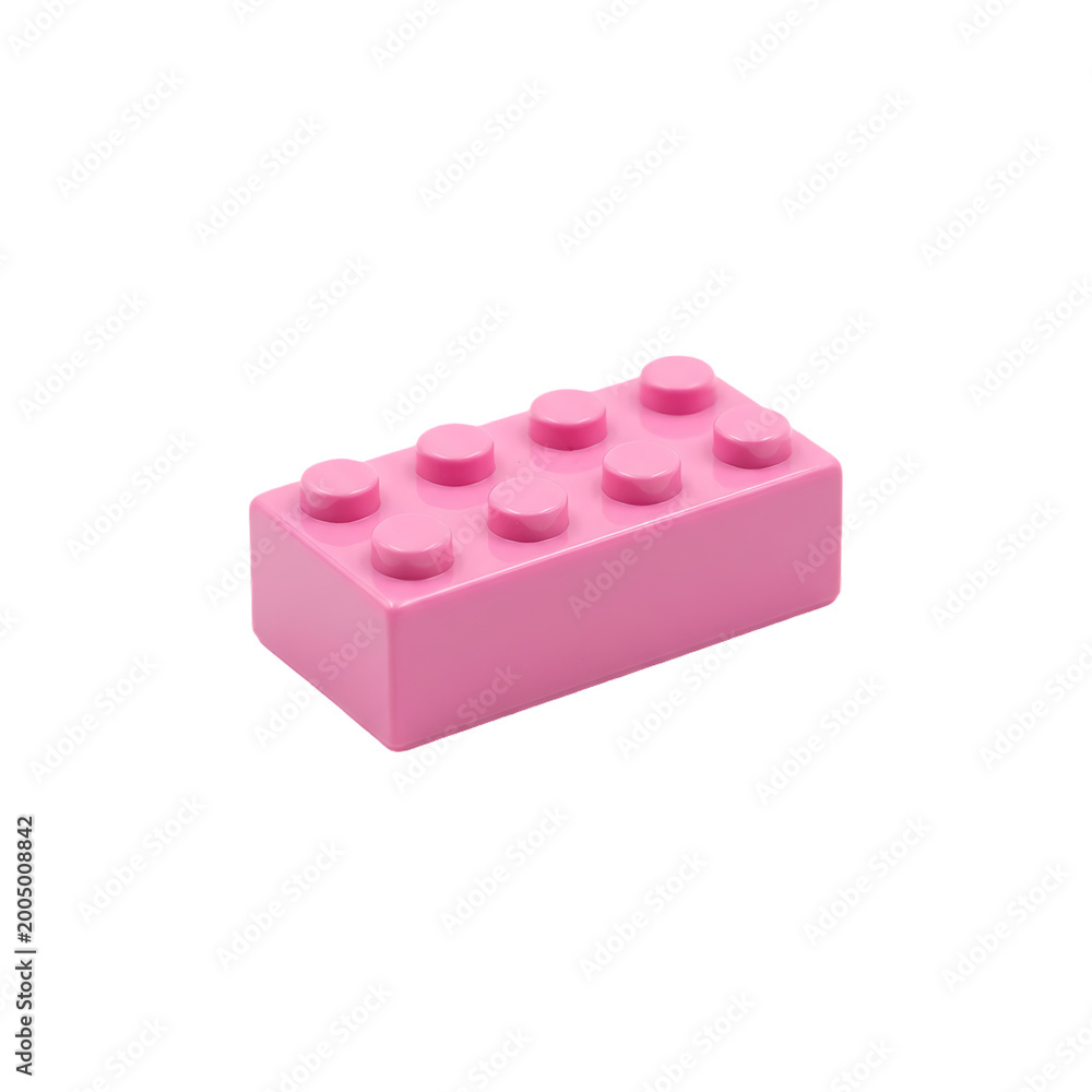Naklejka premium Pink Plastic Building Block Toy Brick Isolated on White Background. A High quality Pink LEGO Brick with Eight Studs On White background.
