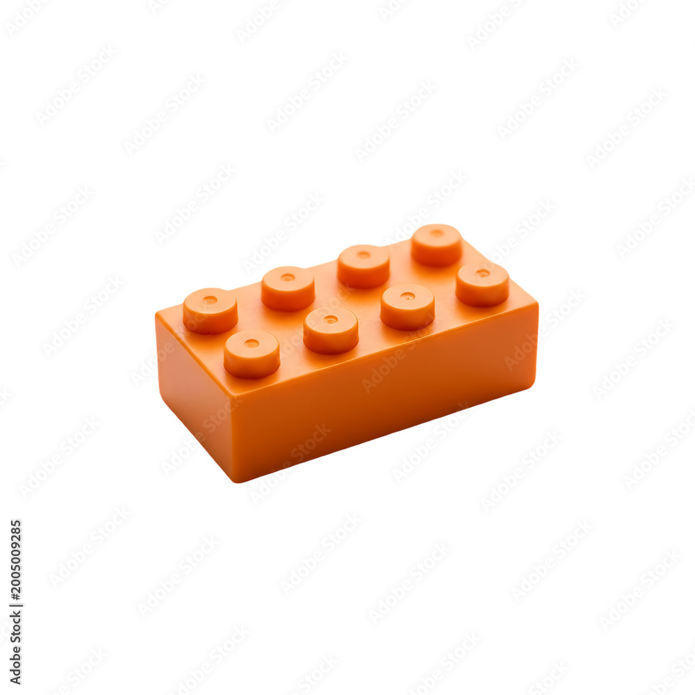 Fototapeta premium A high Quality Single Orange Plastic Building Block Toy Brick Isolated on White Background .Orange Brick with Eight Studs illustration on white .