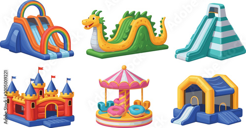 Schilderij op canvas Inflatable Playground Icon Set with Slides, Bouncy Castles, Carnival Rides, and