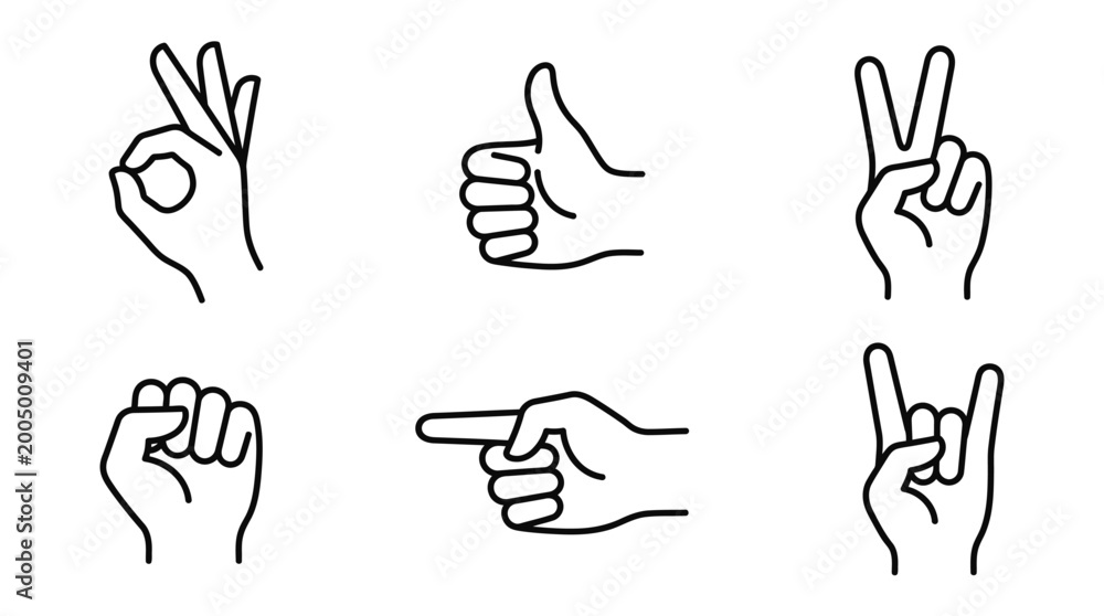 Fototapeta premium Collection of Outline Hand Gestures in Minimalist Vector Style