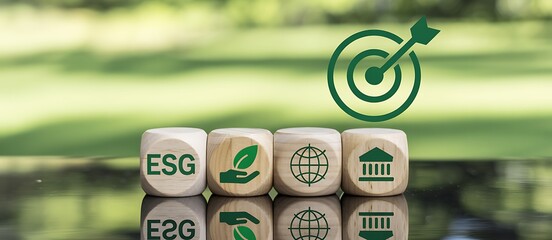 A set of wooden blocks with ESG and green icons on a reflective surface outdoors