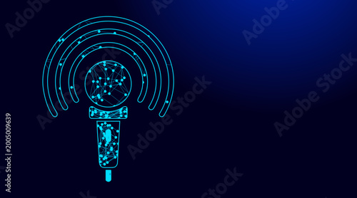 A digital vector illustration of a microphone featuring connected nodes and radio waves to represent modern wireless communication technology systems