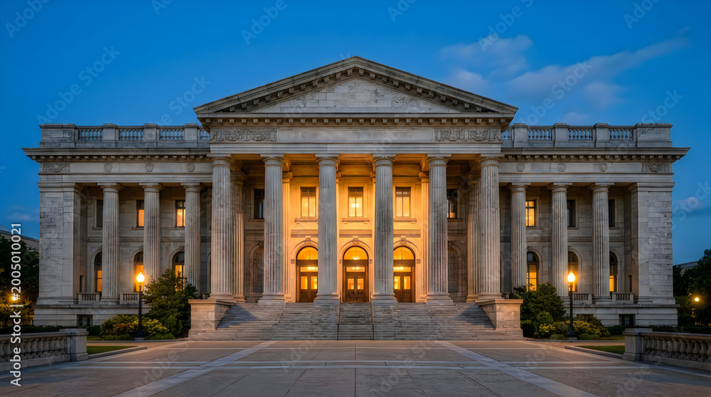 Obraz premium Grand neoclassical government memorial building illuminated at twilight