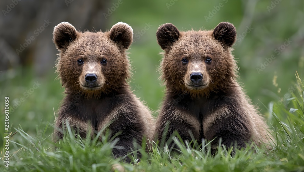 Fototapeta premium Two young brown bear cub in the forest. Portrait of brown bear, animal in the nature habitat.