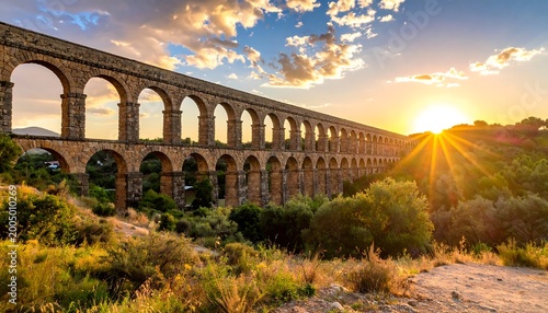 Ancient Roman aqueduct arches across a sunlit, grassy landscape beneath a partially cloudy sky at sunrise