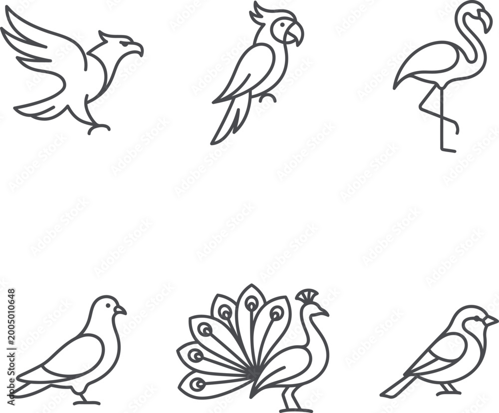 Fototapeta premium Bird icons, animal illustrations, line art set, vector graphics
