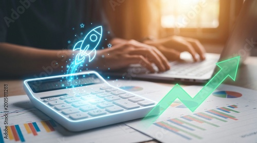 Growing green arrow and rocket launch on calculator showing financial growth and startup performance.