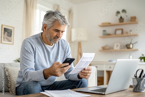 Man sits on couch, checking phone while holding papers