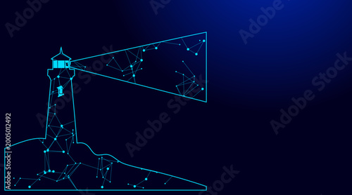 Abstract vector graphic illustration of a digital technology lighthouse, emitting a data network light beam, symbolizing guidance and innovation in modern connectivity.