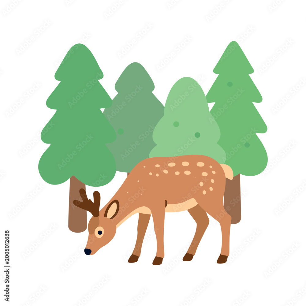 Naklejka premium Spotted deer grazing near trees in the forest illustration in cartoon style