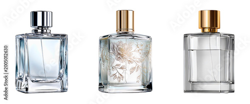 Three elegant fragrance bottles with clear glass and metallic caps in silver gold and bronze tones showcasing luxurious perfume designs isolated on a white or transparent background