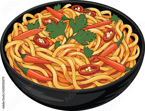 Cuadro en lienzo Spicy noodles with chilies and herbs, cilantro