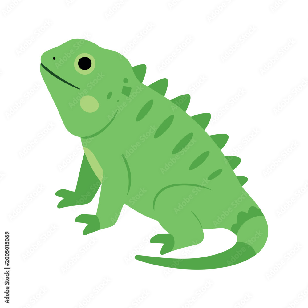 Obraz premium Cartoon style iguana perched on a white background with green skin and a spiky back
