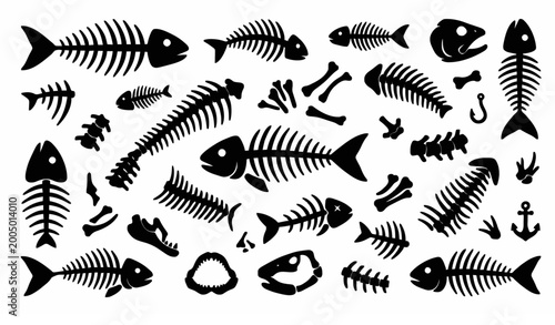 Foto Trendy fish bone vector icon bundle with skeleton seafood and marine symbols set