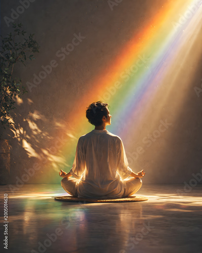 Person meditating in lotus pose bathed in rainbow light, finding inner peace
