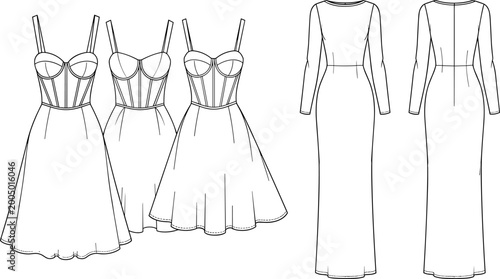 Cuadro en lienzo Fashion Technical Sketches of Corset Bodice Flare Dresses and Long Sleeve Column