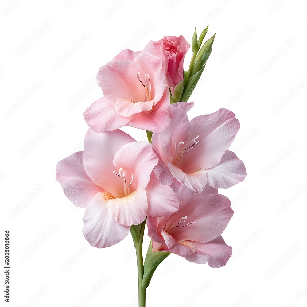 Fototapeta premium Elegant Pink Gladiolus Blooms on a Single Stem with Soft Petals and Graceful Shape