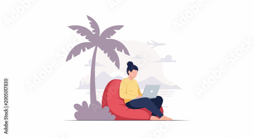 Woman sitting on red bean bag.