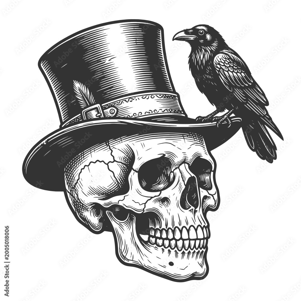 Fototapeta premium skull in a worn top hat with a raven perched on the brim, creating a gothic mood sketch engraving generative ai fictional character vector illustration. Scratch board imitation. Black and white image.