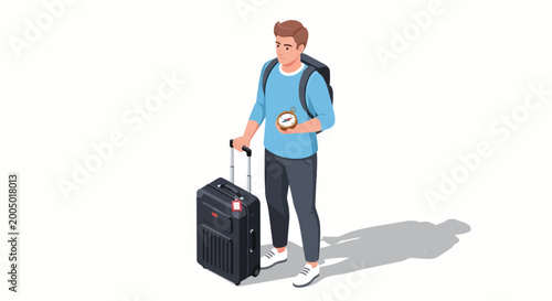 Young man with luggage and backpack.