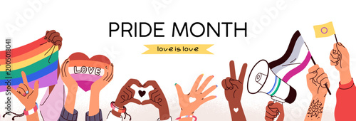 Pride Month banner. Hands with LGBT rainbow flag, lesbian heart, gay homosexu...