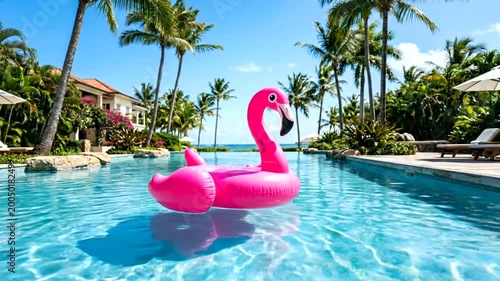 Large pink flamingo pool float drifting in luxury resort swimming pool on a sunny day.