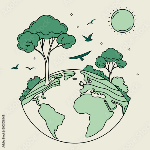 Vector illustration of planet Earth with green trees, flying birds, and a shining sun.