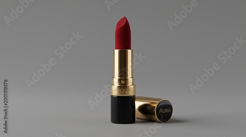 elegant red lipstick tube with golden cap on neutral background