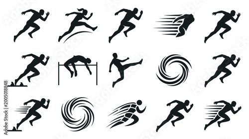 Sports  Athletics Running Glyphs Icons Set - Sprinting, Jumping, Dynamic Motion Silhouettes