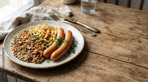Linsen mit Spätzle und Würstchen mit Freiraum für Text, saubere Food-Komposition