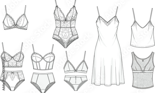 Schilderij op canvas Women lingerie technical sketch set featuring bras, bodysuit, panties, camisole